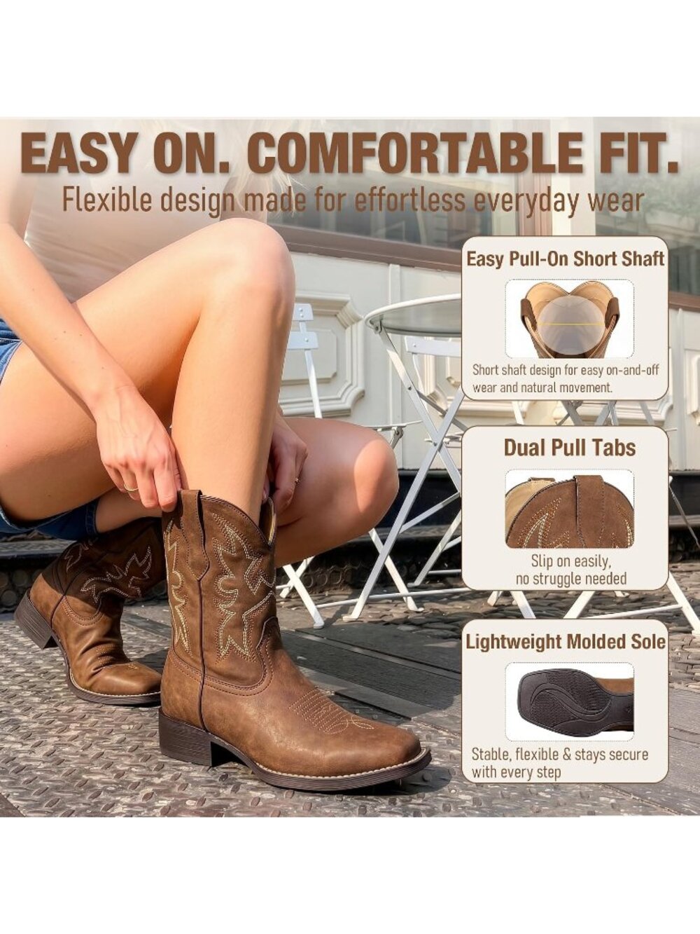 Women's Brown Western Embroidered Short Square Toe Chunky Heel Cowgirl Boots - Picture 4 of 6